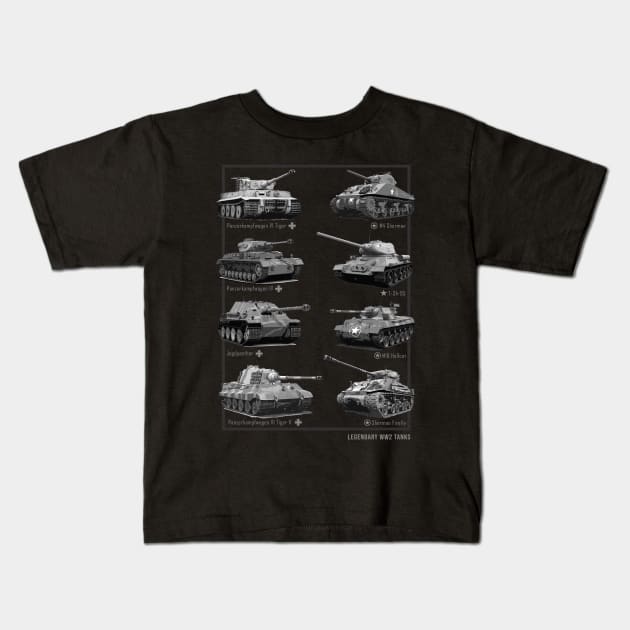 WW2 tanks M4 Sherman T-34 Tiger I Firefly Phanter Kids T-Shirt by Jose Luiz Filho